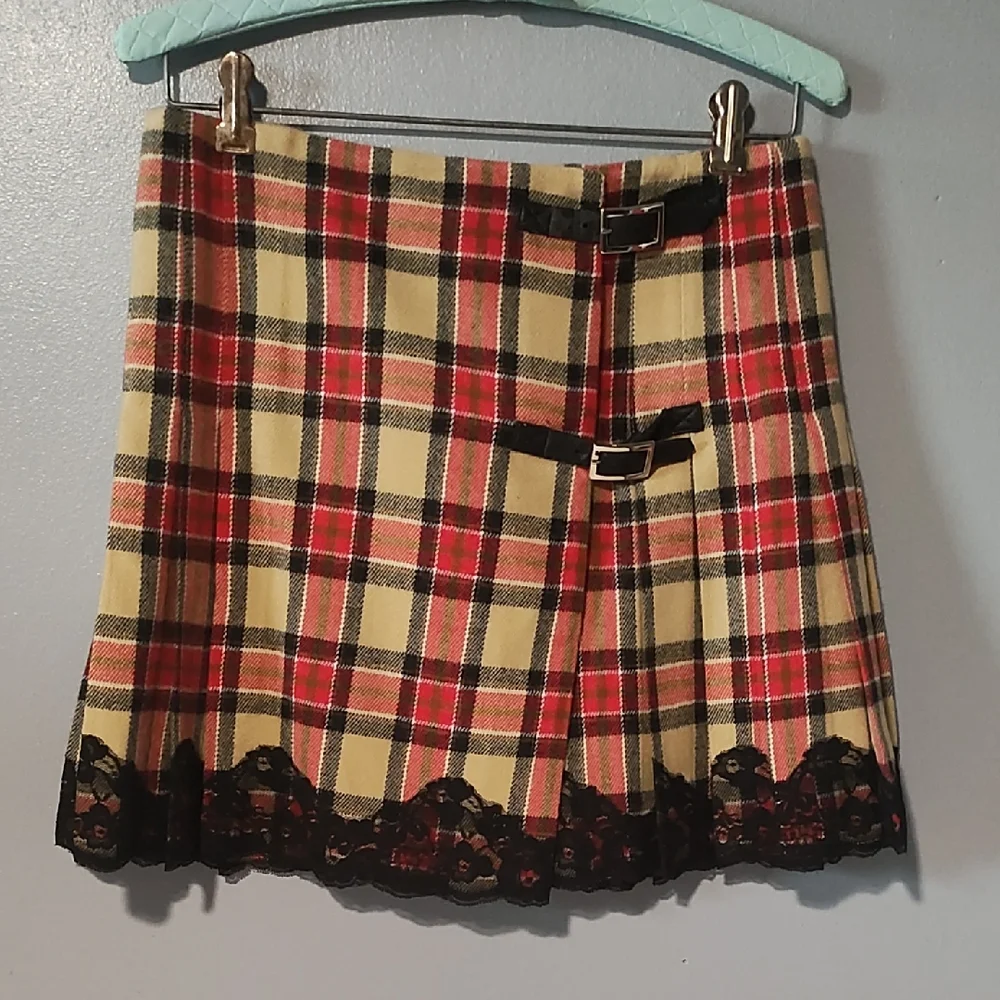Moda International Red , Tan ,Black And White Pleated Plaid Mini Skirt